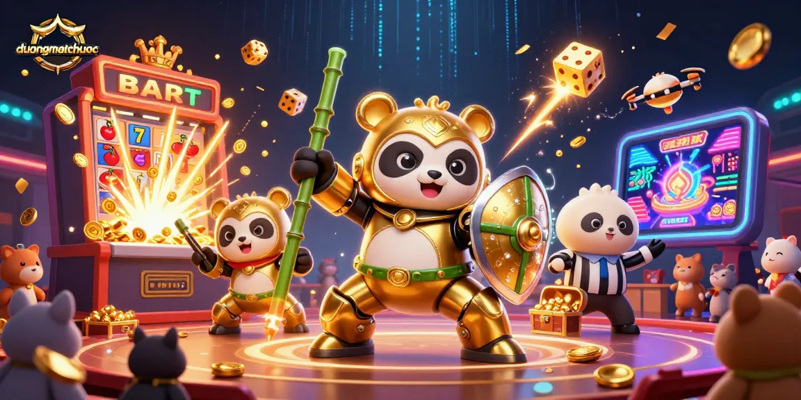 Experience duongmatchuoc excitement with a vibrant 3D action scene featuring a mech-suit panda and a jackpot explosion.