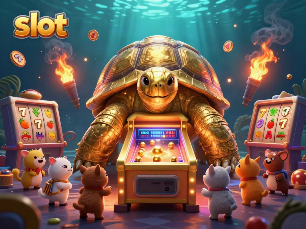 Slot yang menarik dengan kura-kura emas besar dan simbol keberuntungan yang bersinar, menunggu giliran bermain.
