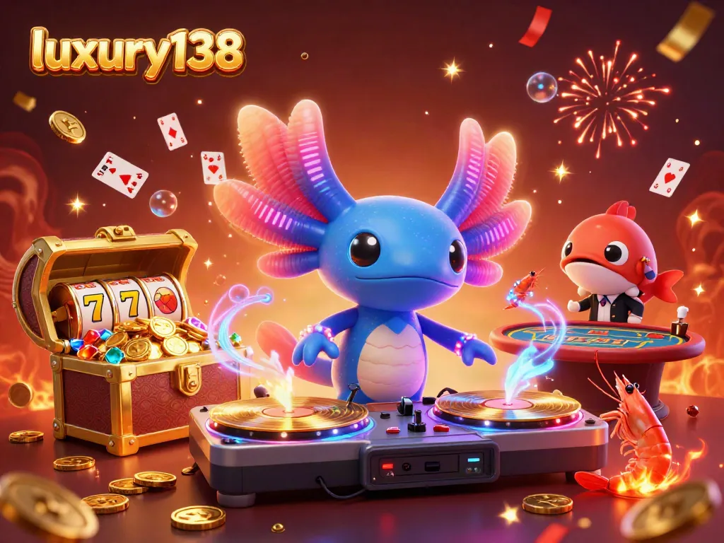 Experience luxury138's vibrant casino adventure with an energetic axolotl DJ and dynamic game elements.