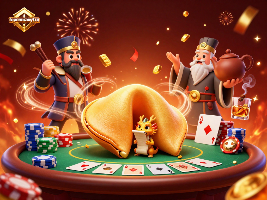Bet on topnhacaiuytinn with a fortune cookie, poker elements, and dynamic celebrations.