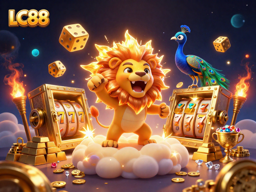 LC88 casino adventure featuring a roaring sun lion among treasures, golden dice, and thrilling slot elements