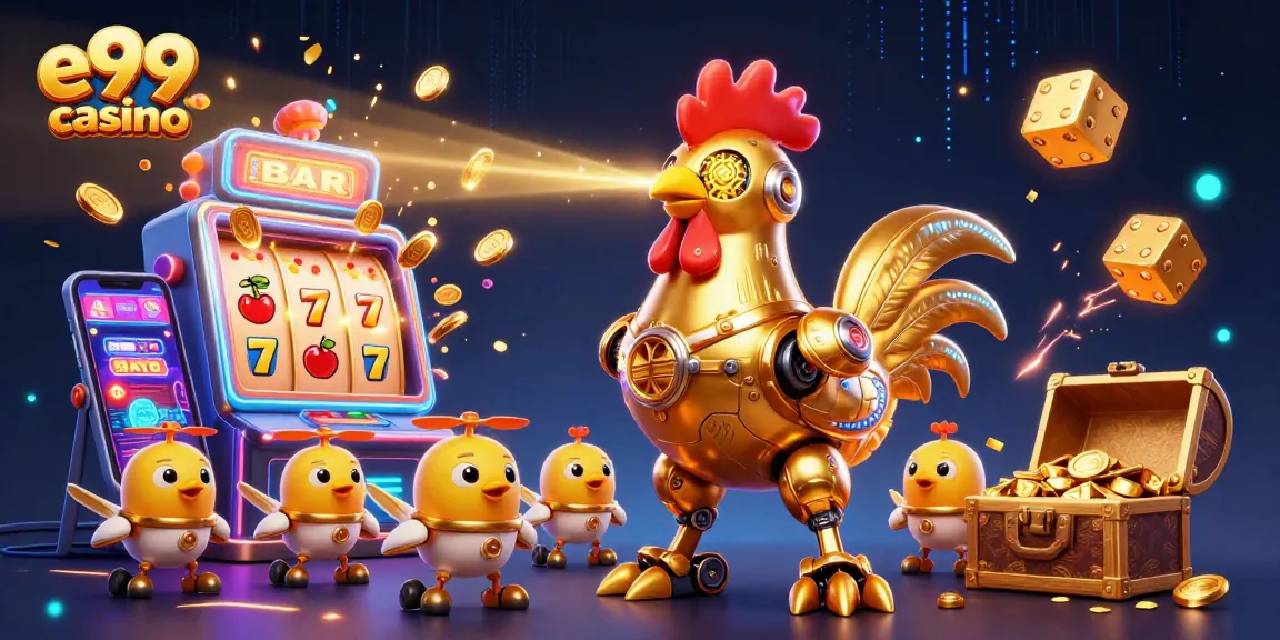 Experience the excitement of e99 casino with vibrant characters, slot machines, and dynamic gaming elements.