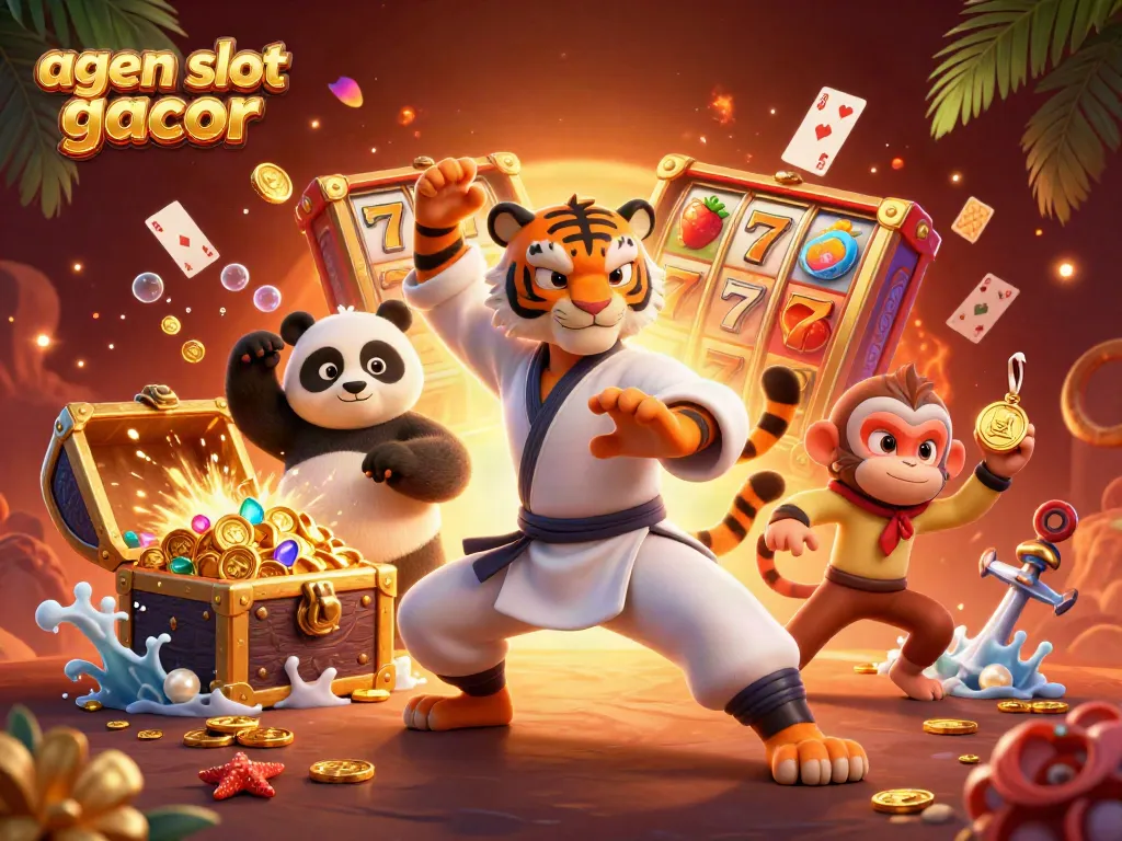 Experience the thrill of agen slot gacor with a kung fu tiger master and vibrant casino elements.
