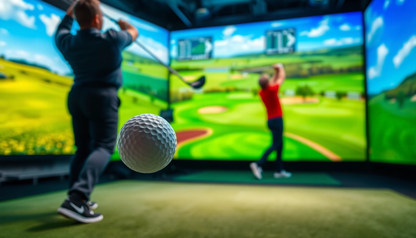 Experience a golfer's swing with a simulator showcasing vibrant digital landscapes.
