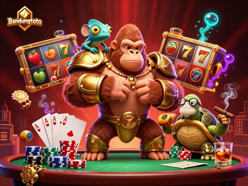 Engage with bandungtoto in this vibrant illustration showcasing casino games, featuring a gorilla king and enchanting characters.