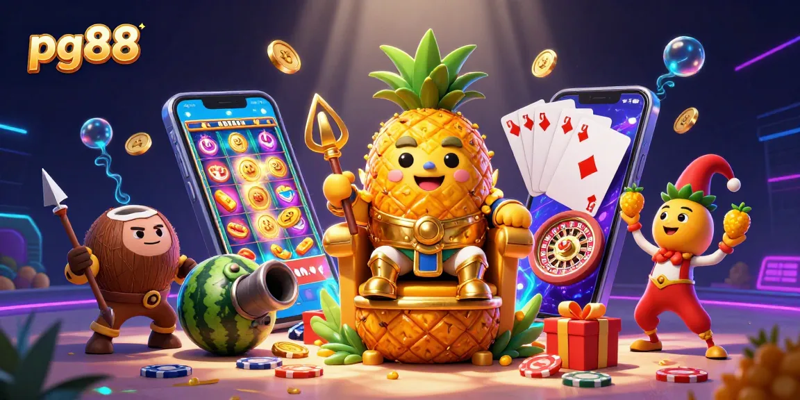 Experience big wins at pg88 with a colorful casino scene featuring a golden pineapple king and lively game elements.