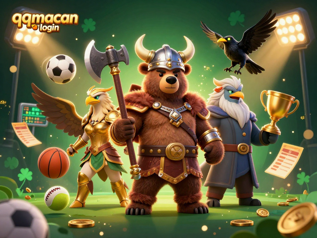 Experience thrilling sports betting with qqmacan login amidst a vibrant 3D Viking and eagle scene.