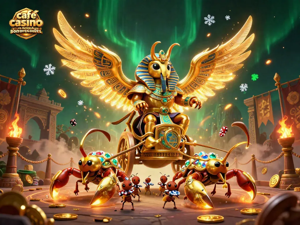 Cafe Casino no deposit bonus codes illustrated with a colossal golden scarab beetle on a chariot, vibrant gambling scene