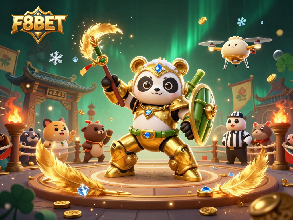 F8BET showcases a dynamic 3D animation of a mech-suit panda battling in a lively casino arena.