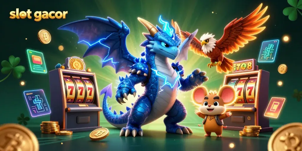 Spin the slot gacor machines with electrifying characters in a vibrant casino scene.