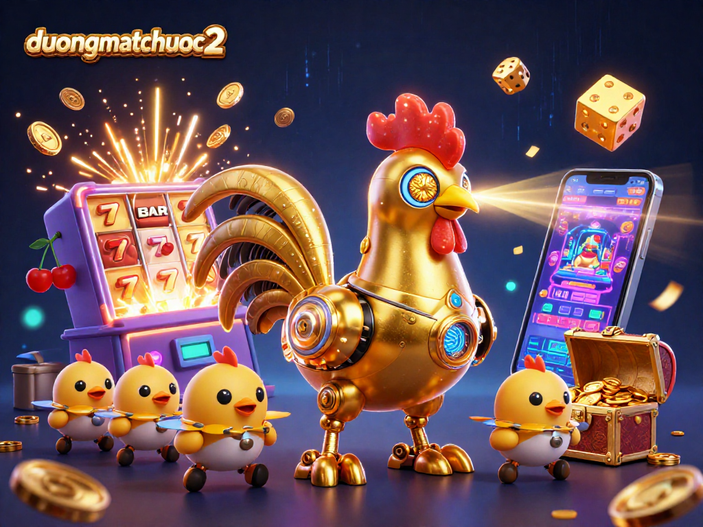 Engage with duongmatchuoc2, featuring a golden rooster robot amidst vibrant casino excitement.