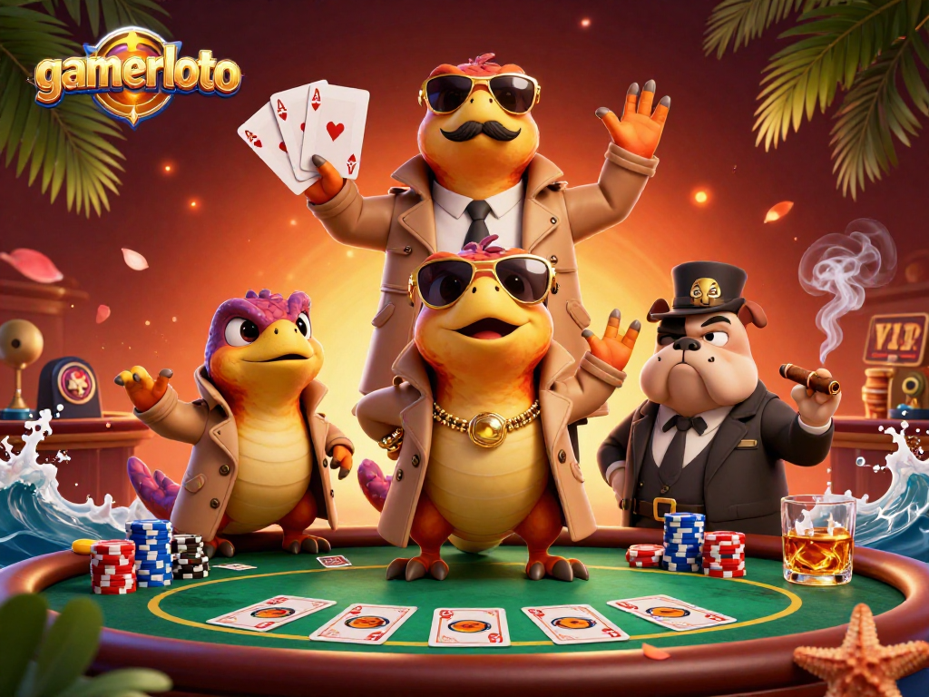gamerloto's playful 3D illustration with raptors in a trench coat attempting VIP entry at a casino.