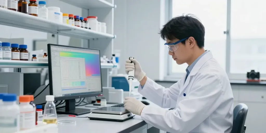Scientist analyzing research-grade peptides and SARMs by Swiss Chem in a modern laboratory.