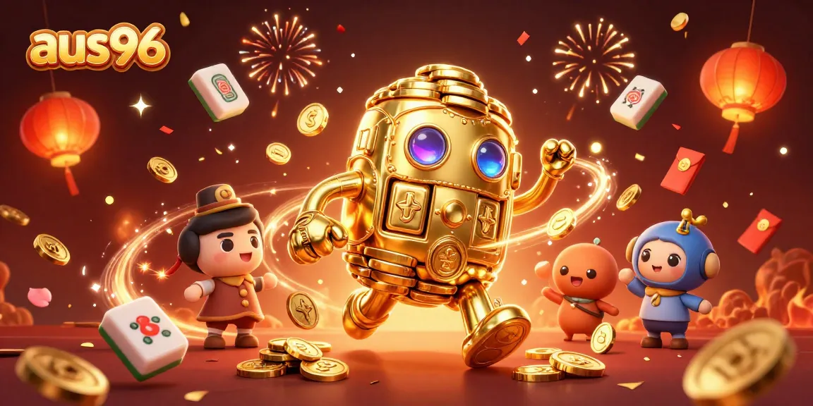 Experience the excitement of aus96 with dynamic gaming visuals featuring a golden golem and game elements.