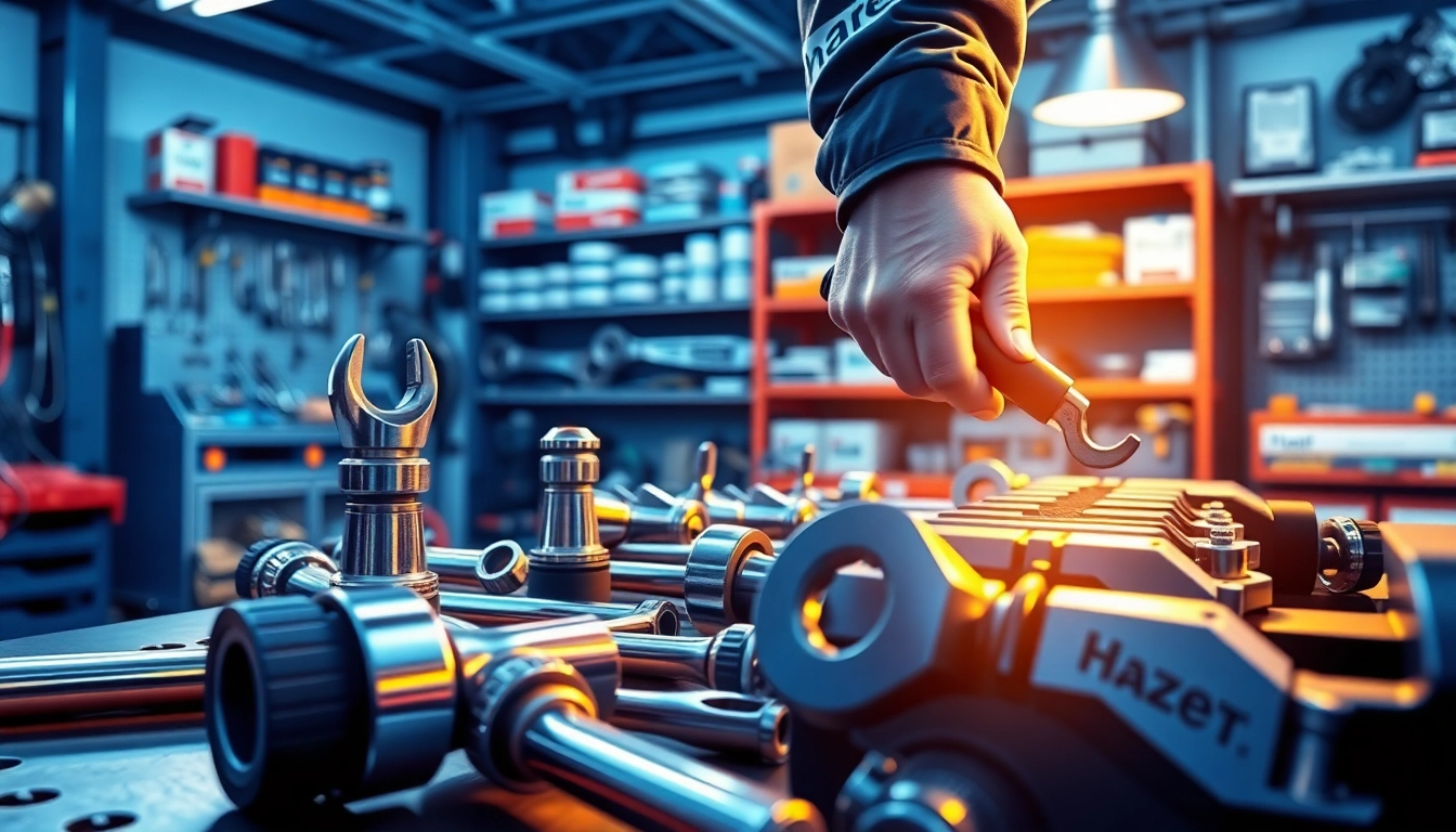 Using a hazet wrench during an automotive repair in a well-organized workshop.