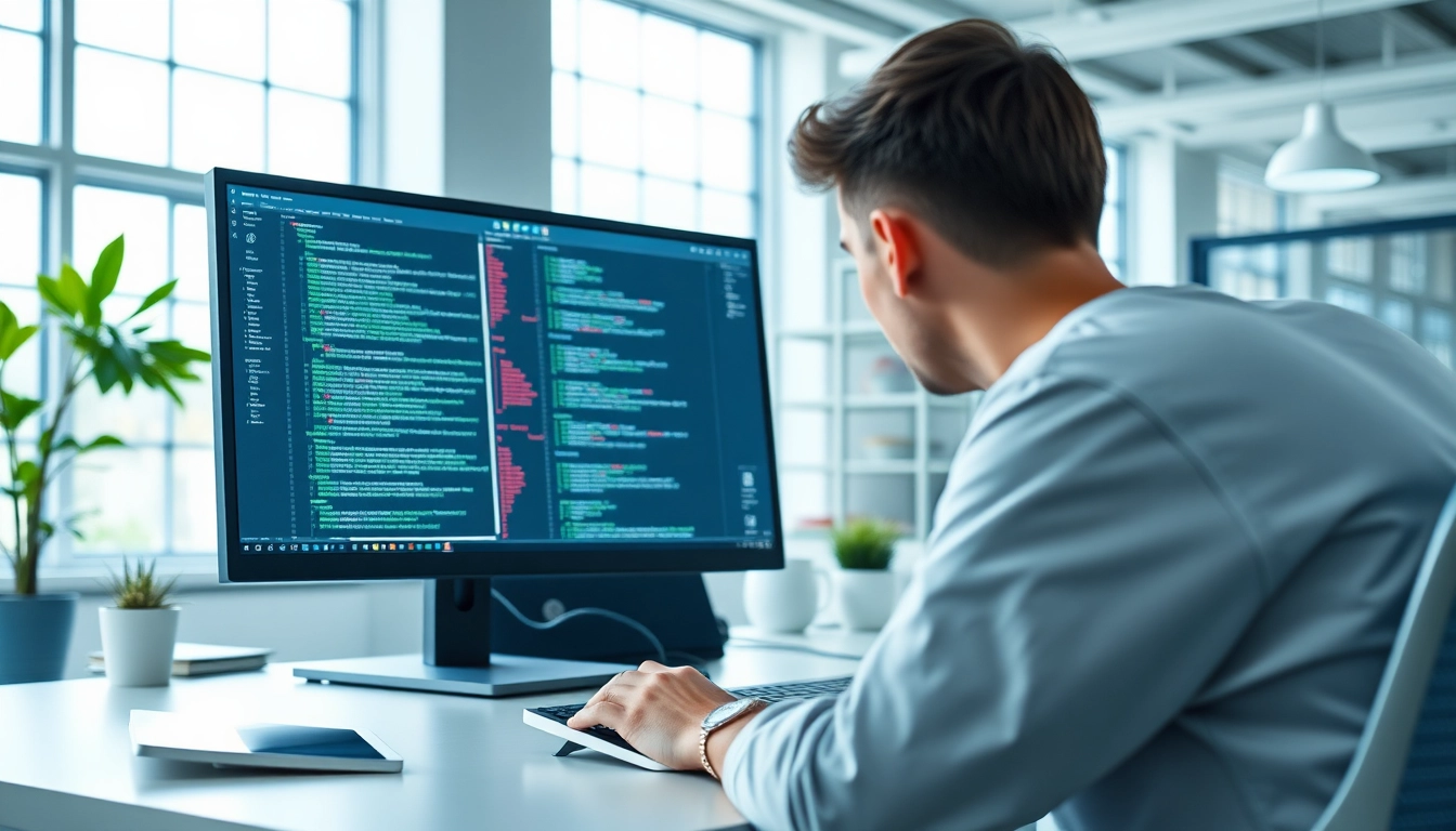 Creating a custom Shopify development with a programmer focused on website design in a bright office.