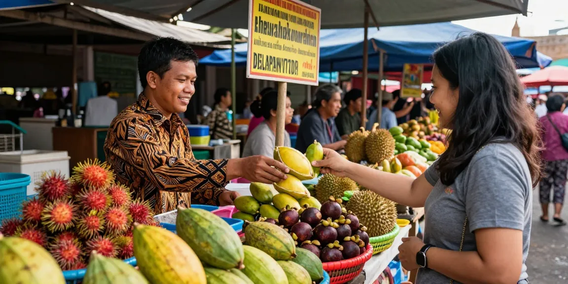 Penjual delapantoto di pasar tradisional yang ramai, dikelilingi oleh buah tropis.