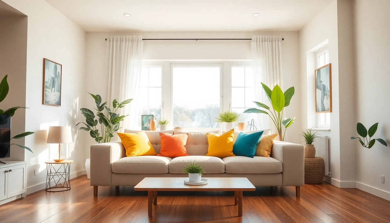 Home improvement renovation with modern living room design and vibrant accents.
