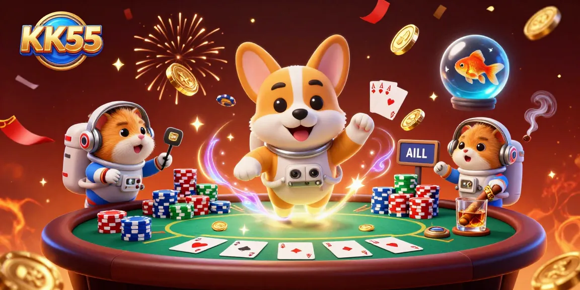KK55 astronauts celebrates with poker chips and coins in a space casino.