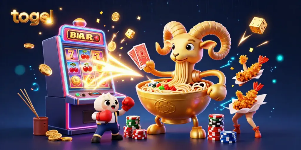 Dynamic scene featuring togel-themed characters and casino elements with vibrant colors and action.