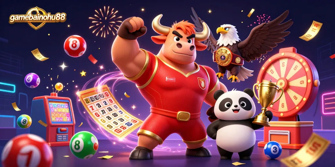 Engage with gamebainohu88 as a muscular bull mascot triumphs with lottery balls, colorful elements, and vibrant energy.