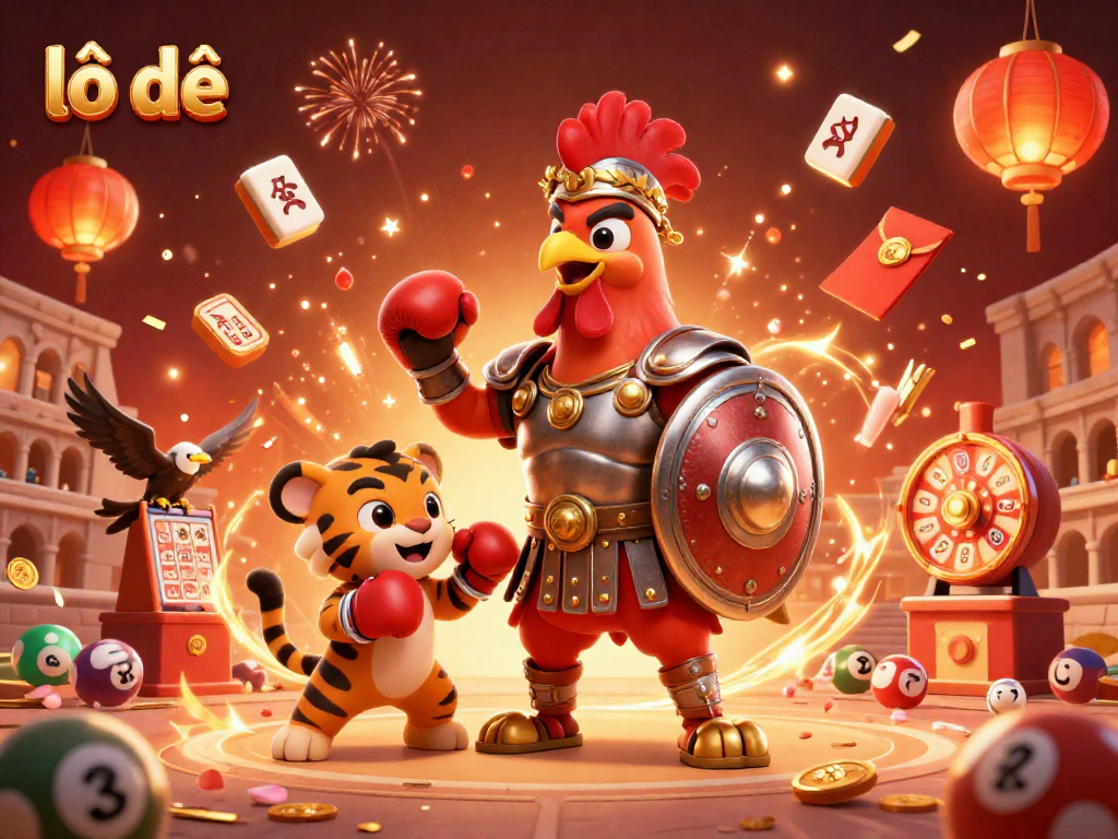 Engage with lô đề as a vibrant 3D scene showcases a rooster and tiger cub amid lottery elements.