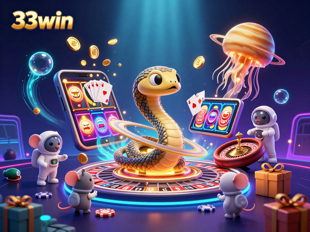 Engage in thrilling gameplay with 33win, featuring vibrant slots and cosmic characters.