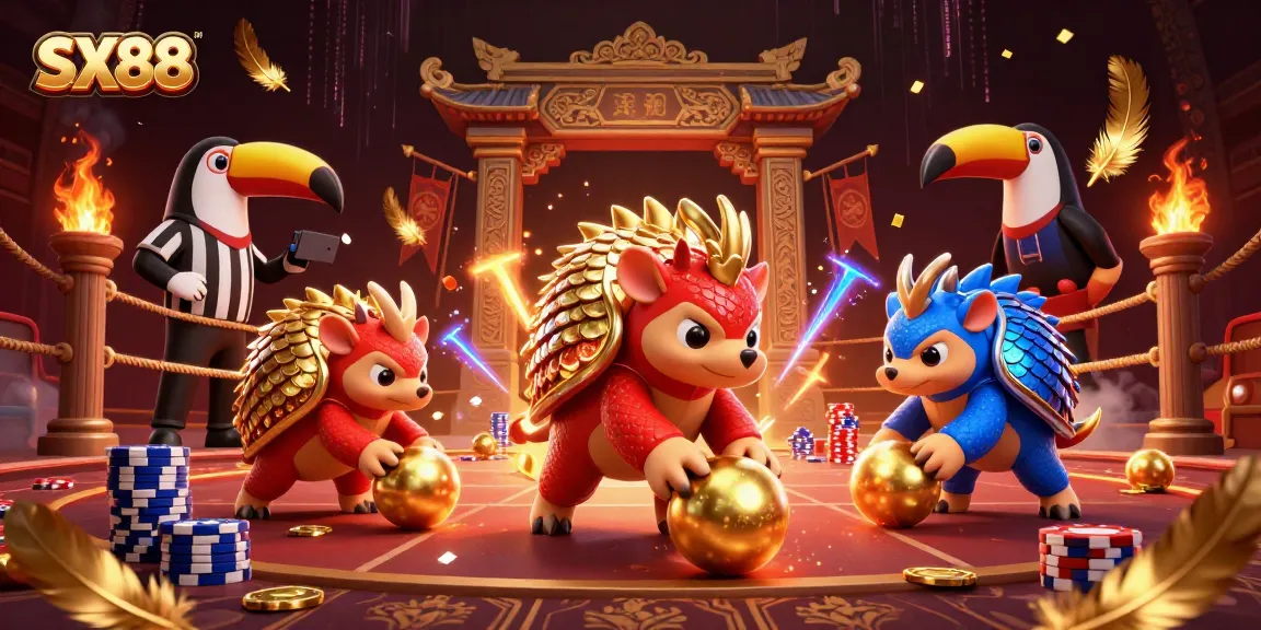 SX88 pangolins compete in a vibrant, dynamic gambling scene filled with poker chips and confetti.