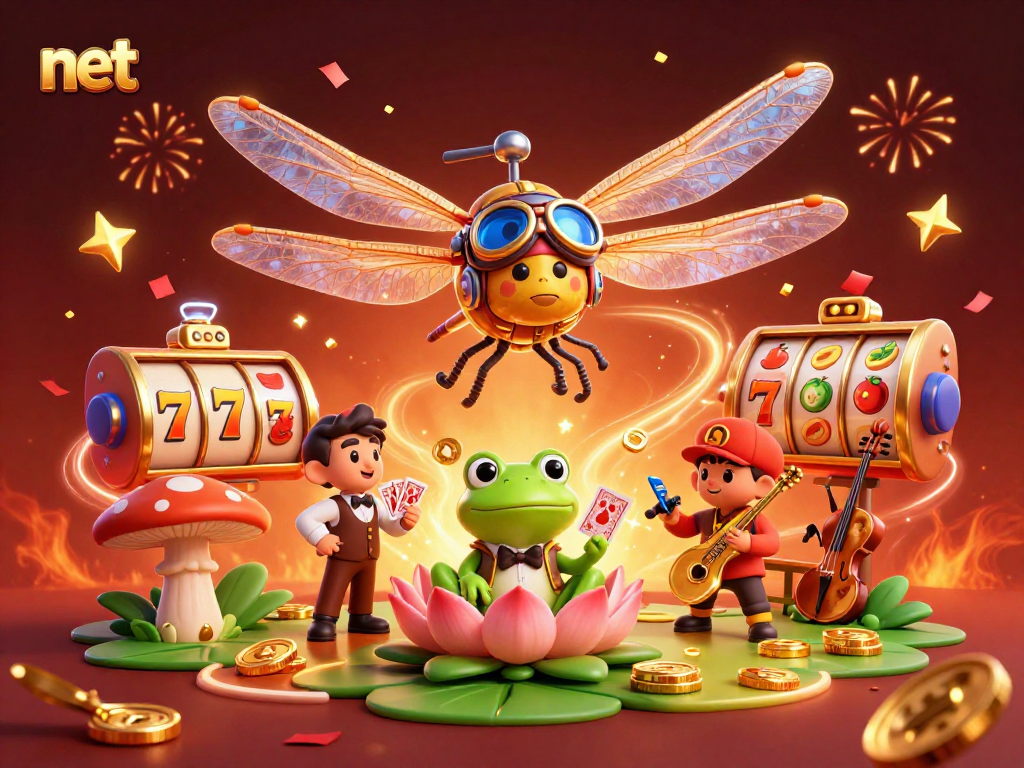 Experience the excitement of net gaming with vibrant slot action featuring unique characters and dynamic elements.