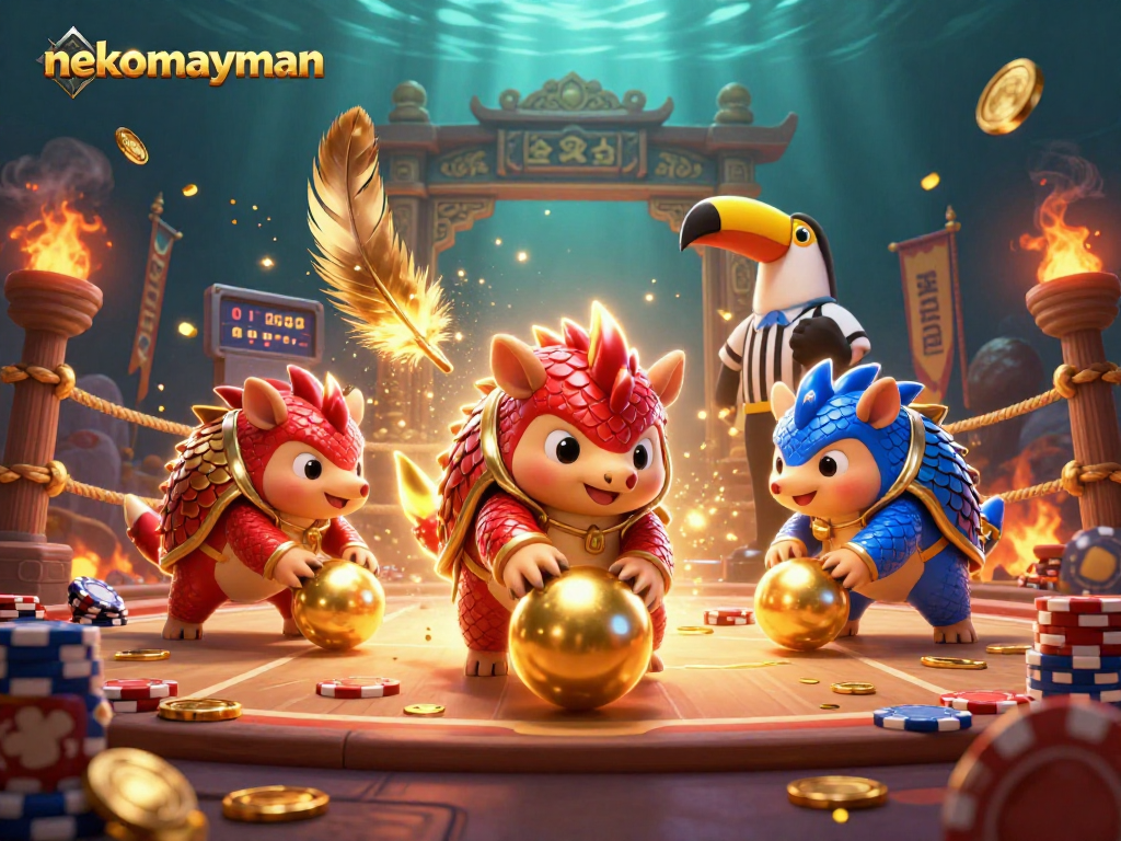 Experience thrilling gameplay with nekomayman as pangolins battle in a vibrant casino scene.