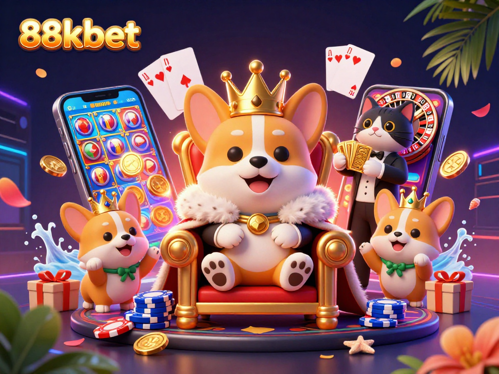 Experience exciting gameplay at 88kbet with vibrant slot games, floating coins, and charming cartoon characters.