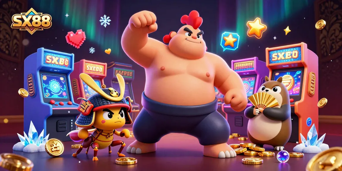 SX88 showcases a powerful sumo rooster and samurai cricket in an action-packed casino scene.