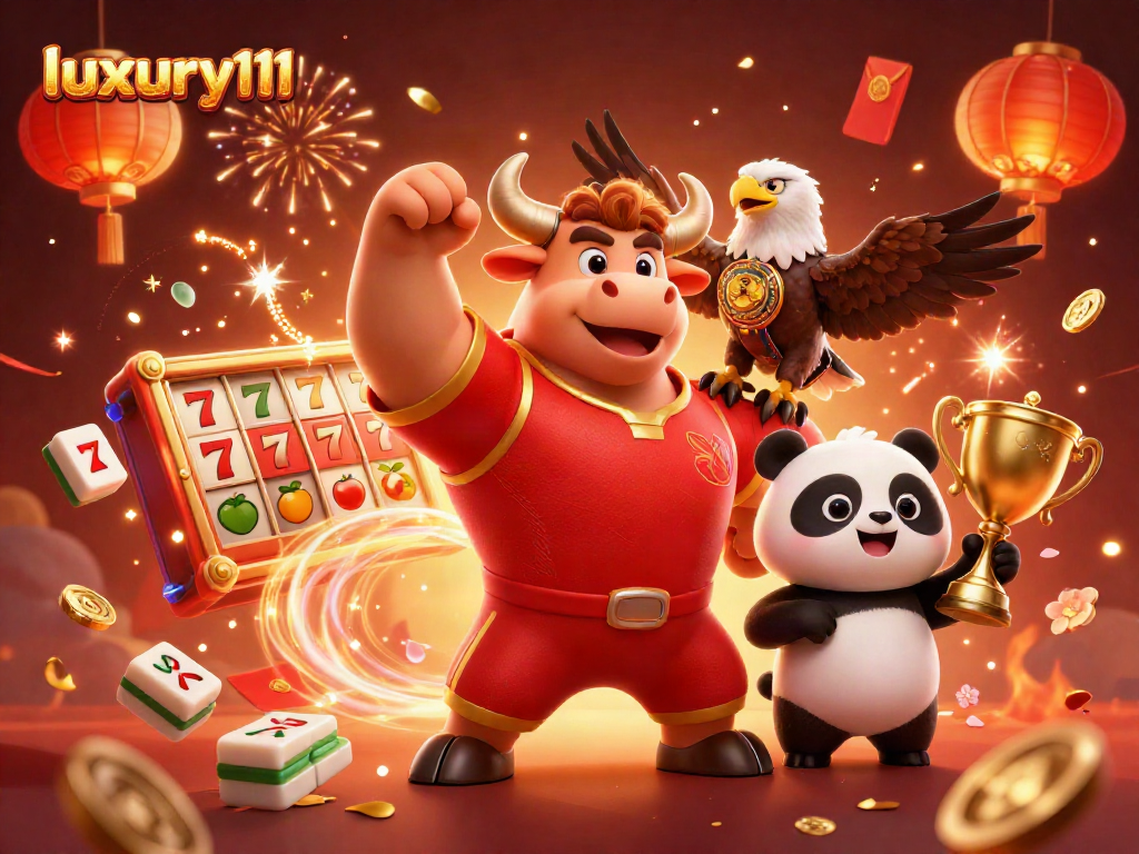 Win big with luxury111 as the cartoon bull mascot celebrates alongside a golden trophy panda!