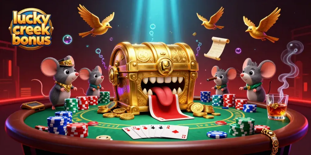 Engage with the lucky creek bonus offer featuring a golden treasure chest, poker chips, and adventurer mice.