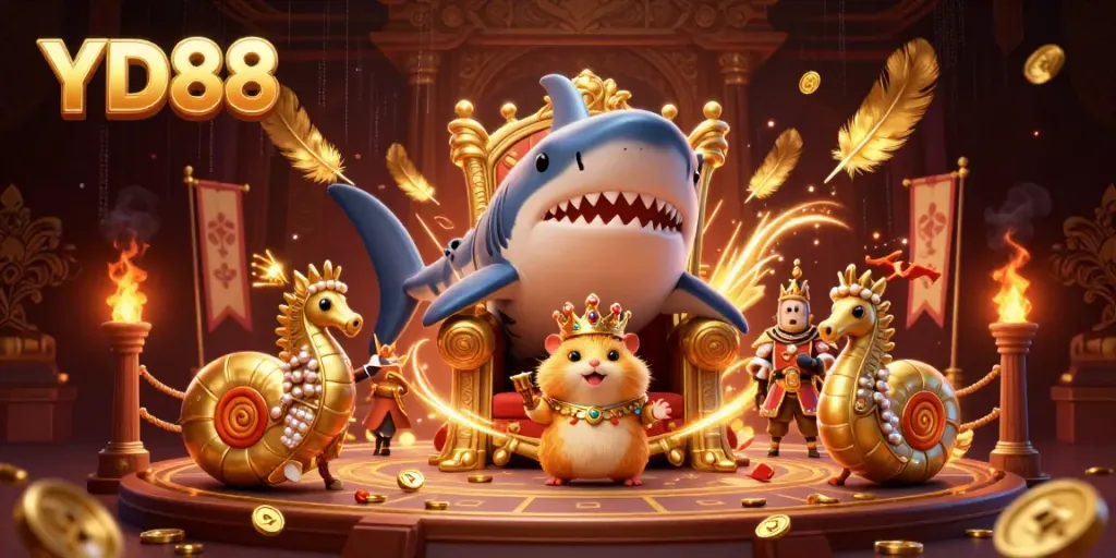 Experience the thrilling online casino action at YD88 with a vibrant scene of gaming excitement and the majestic hamster king.