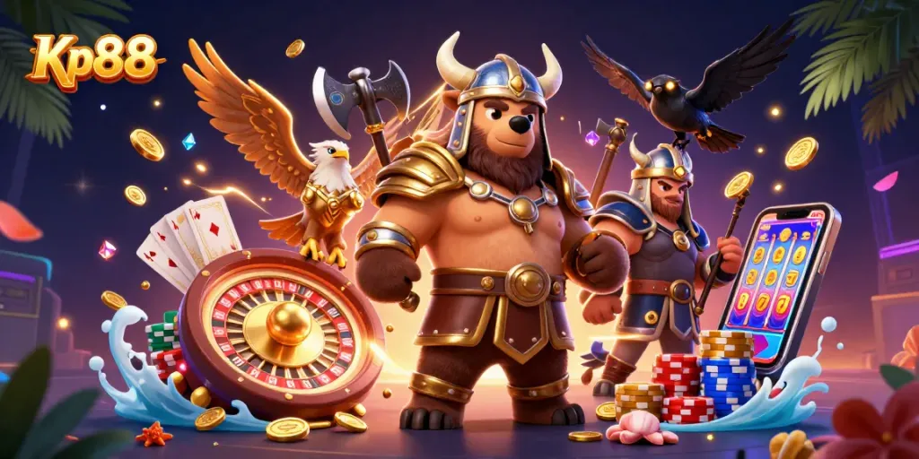 Kp88 engages players with thrilling casino games featuring vibrant characters and sparkling elements.
