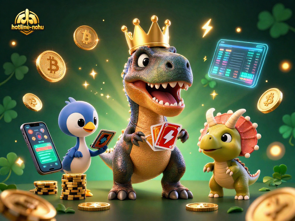 Engage in thrilling gameplay with hotline-nohu as a T-Rex shuffles cards amid vibrant crypto elements.
