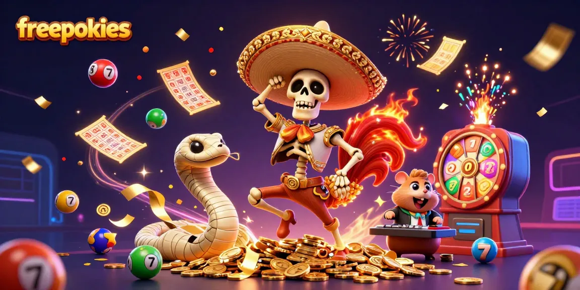 Engage with freepokies through a vibrant 3D illustration featuring lottery balls and festive characters.