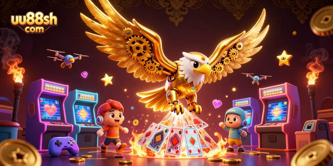 Experience thrills at uu88sh com with a golden eagle soaring through dazzling gaming elements.