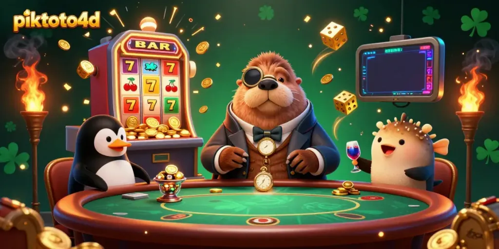 Experience jackpot excitement at piktoto4d with a vivid underwater casino scene featuring playful characters and dynamic gaming elements.