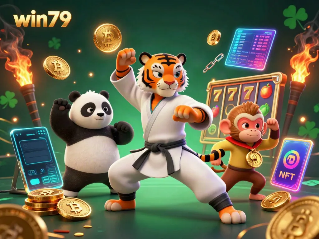 Experience thrilling wins with win79 in a vibrant 3D casino scene featuring a kung fu tiger and friends.
