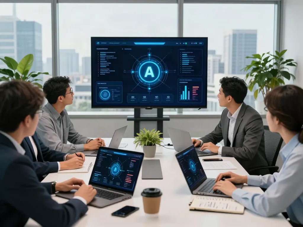 Professionals collaborating on AI Token Economy strategies in modern office setting.