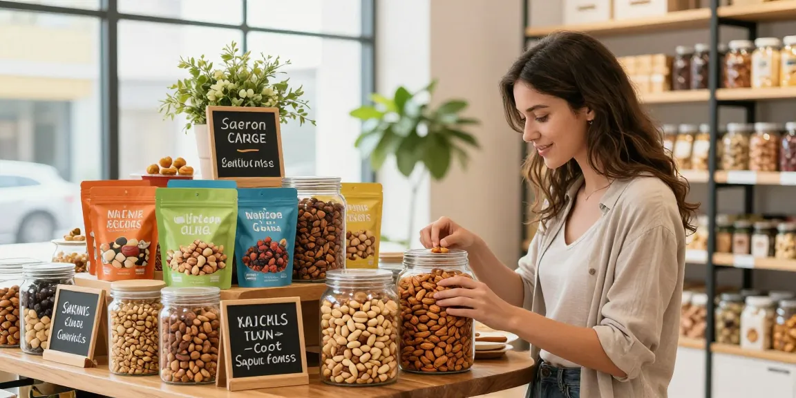 M98 สล็อตเว็บตรงไม่ผ่านเอเย่นต์ shopper enjoying roasted almonds and dried fruits in a vibrant e-commerce setting.