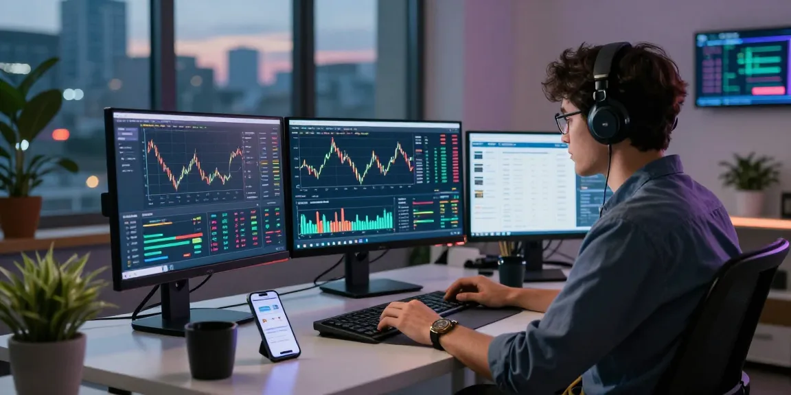 Younger professional trader analyzing m98 trends on multiple screens in a modern workspace with city skyline view.