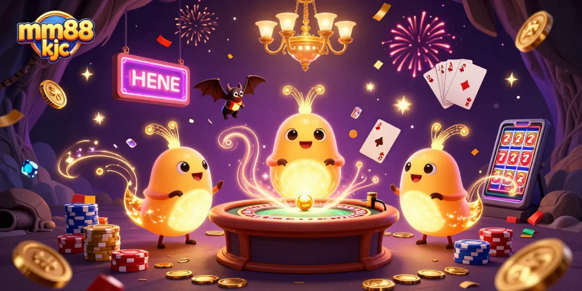Engage in the vibrant energy of mm88 kjc casino with glowworms illuminating the fun, surrounded by golden coins and sparkling gems.