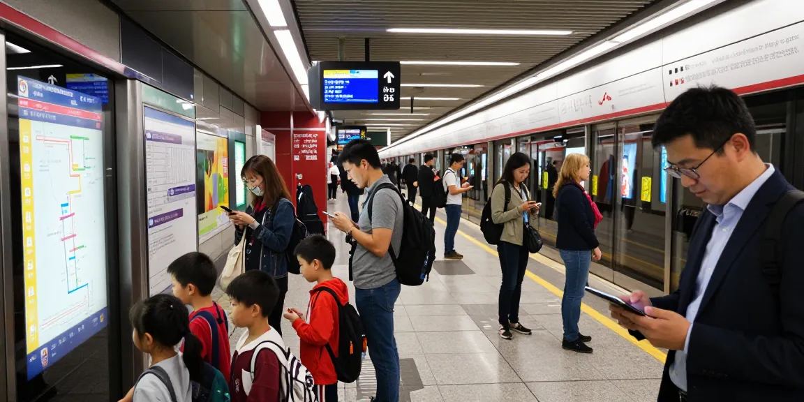 Commuters at a busy subway station checking subway service alerts on mobile devices while waiting for arrivals.