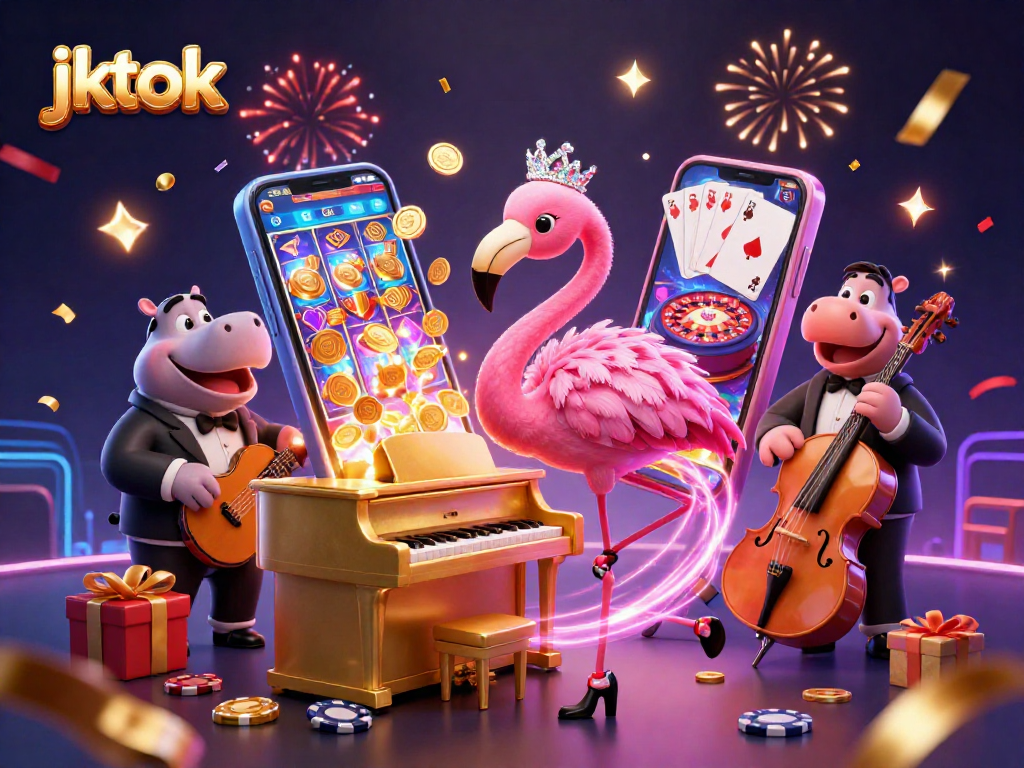 Pemainan slot di jktok dengan penyanyi flamingo dan pemusik hippo, suasana kasino yang meriah.