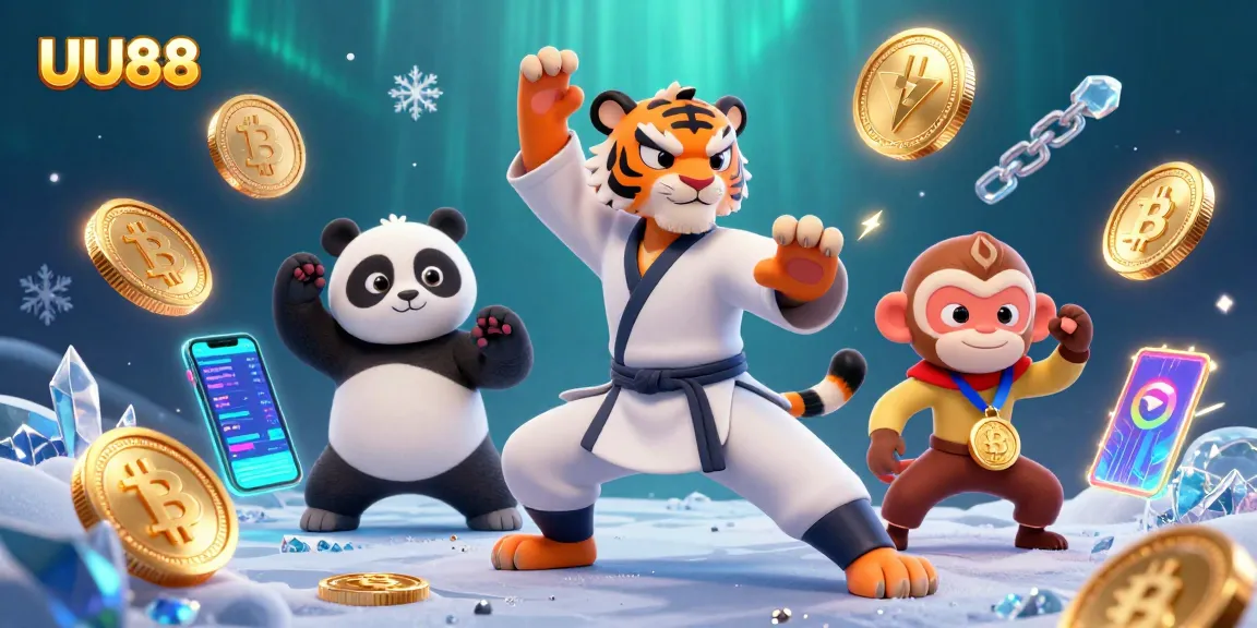 Engage with UU88’s thrilling casino world featuring 3D cartoon characters and vibrant crypto elements.