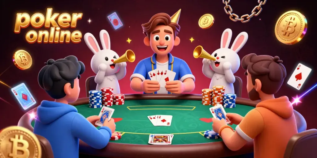 Engage in exciting poker online gameplay, surrounded by vibrant characters and animated poker elements.
