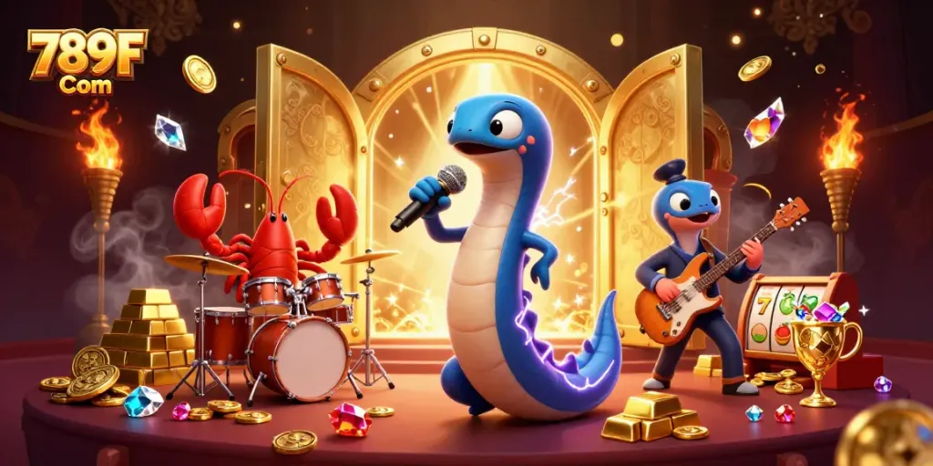 Engage in the vibrant underwater casino scene with 789F Com, featuring electric eel DJing amidst treasure.